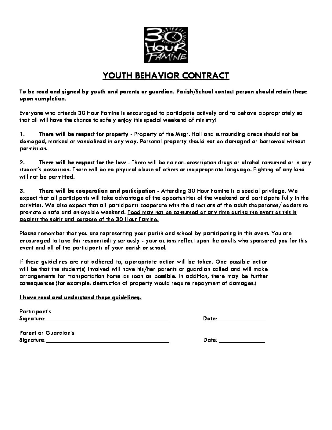 30 Hour Famine Youth Behavior Contract St Louise De Marillac